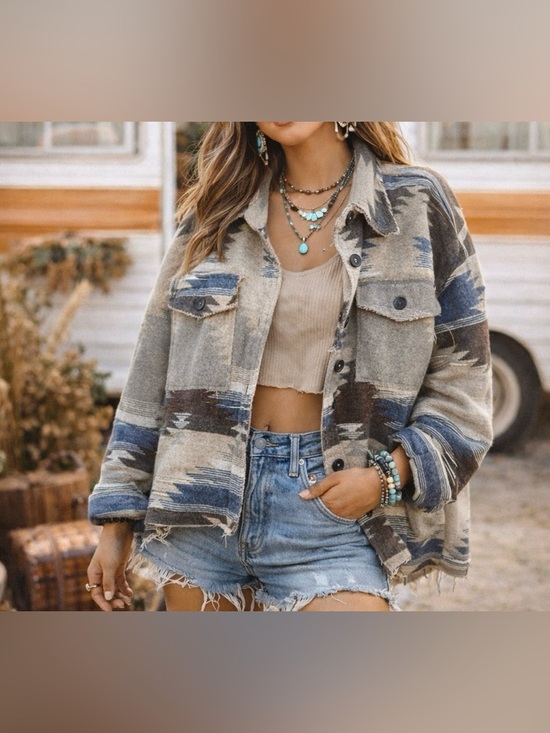 LA MIEL Jackets & Blazers - La Miel Aztec Shacket Jacket Oversized Boho Western Coachella Raw Hem Tribal M